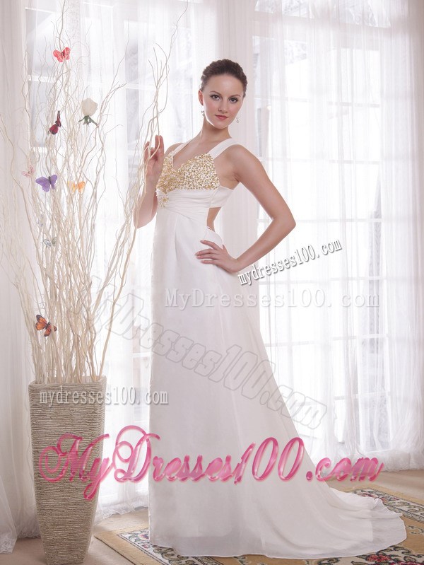 White Empire V-neck Brush Train Beading and Rhinestones Celebrity Dress