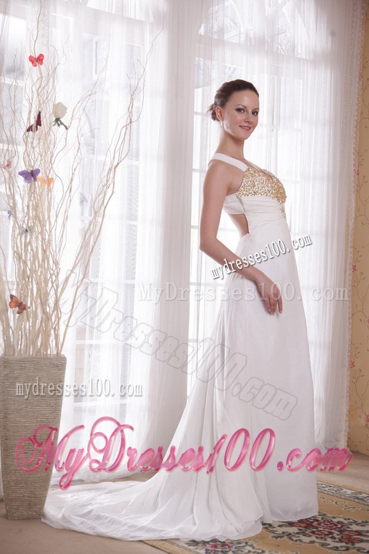 White Empire V-neck Brush Train Beading and Rhinestones Celebrity Dress