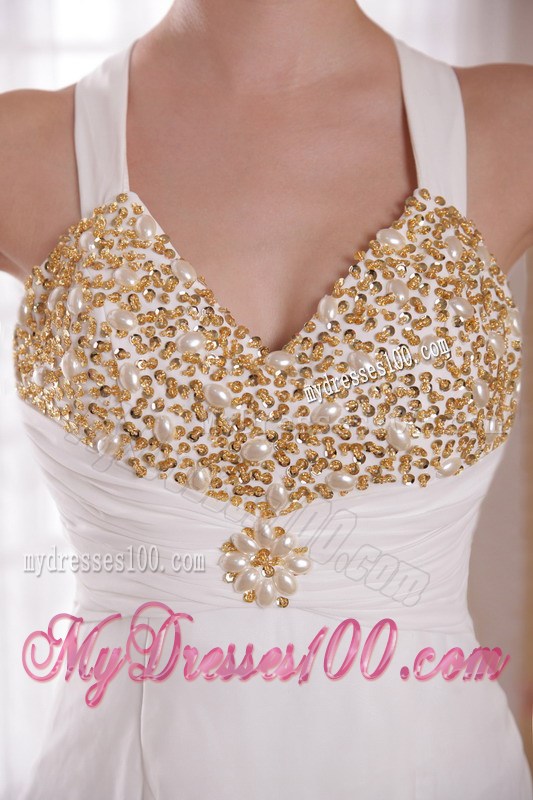 White Empire V-neck Brush Train Beading and Rhinestones Celebrity Dress