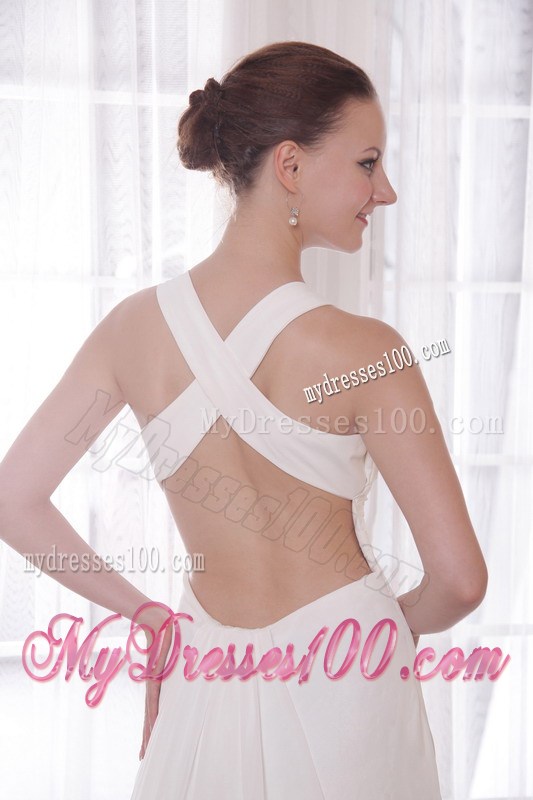 White Empire V-neck Brush Train Beading and Rhinestones Celebrity Dress