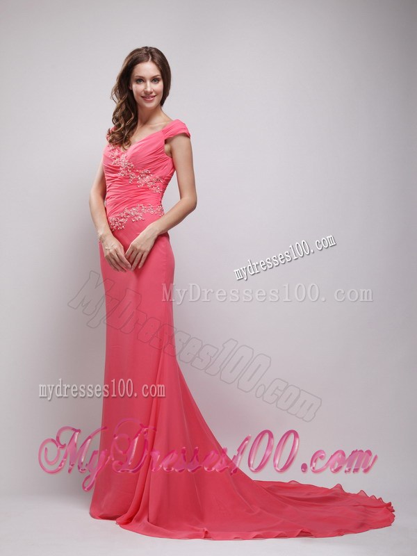 Coral Red Column V-neck Appliques Celebrity Dress with Brush Train