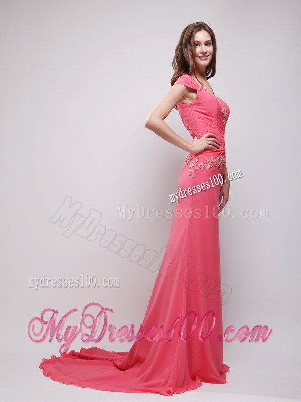 Coral Red Column V-neck Appliques Celebrity Dress with Brush Train