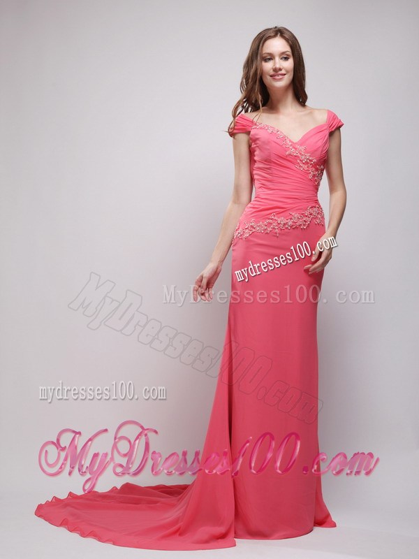Coral Red Column V-neck Appliques Celebrity Dress with Brush Train