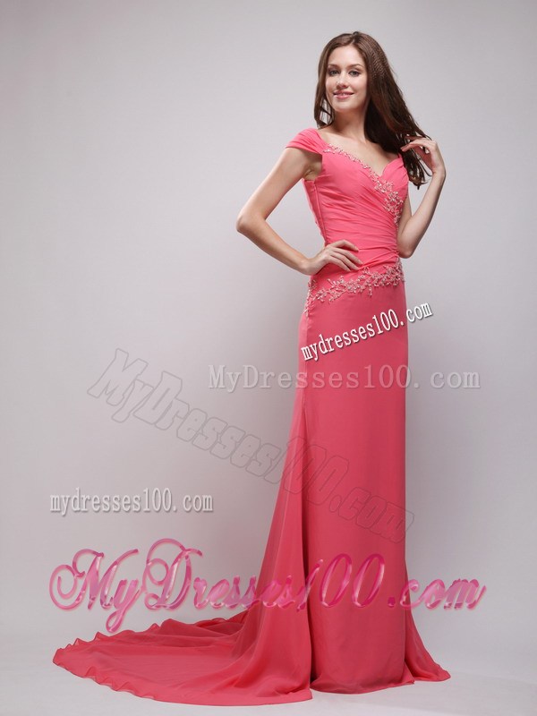Coral Red Column V-neck Appliques Celebrity Dress with Brush Train