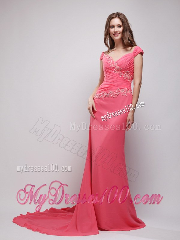 Coral Red Column V-neck Appliques Celebrity Dress with Brush Train