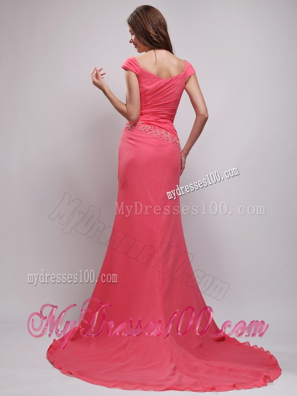 Coral Red Column V-neck Appliques Celebrity Dress with Brush Train