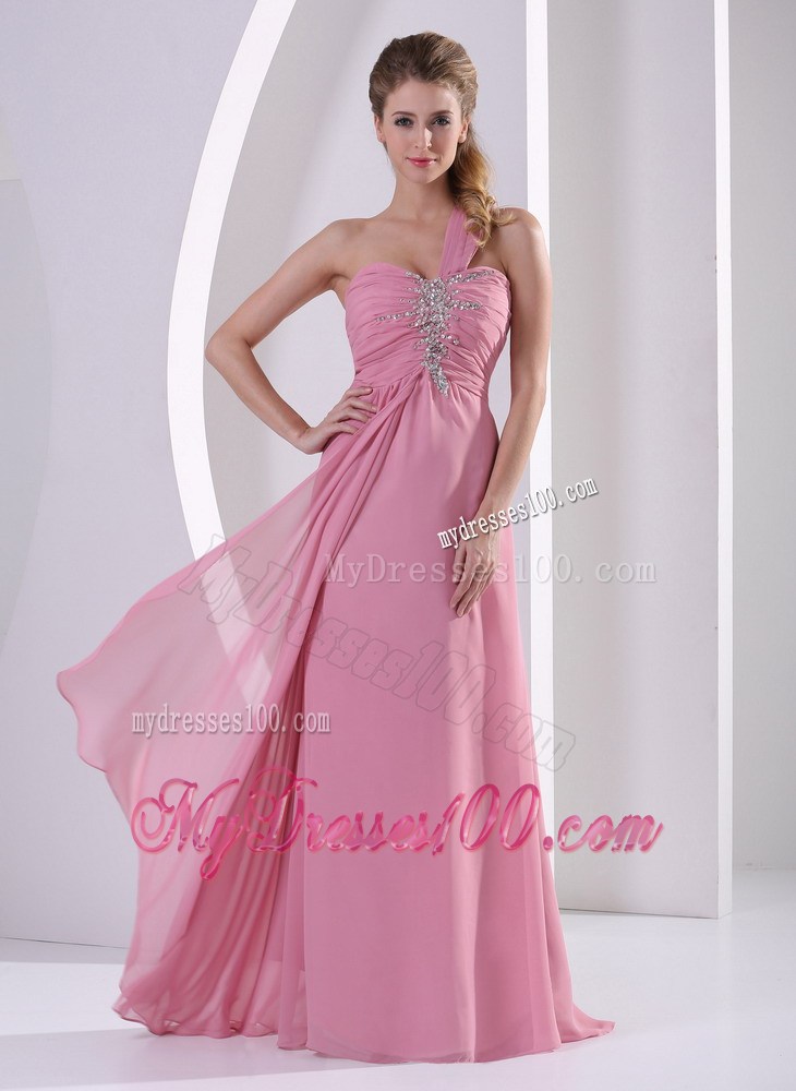 Rose Pink One Shoulder 2013 Prom Celebrity Dress With Beading