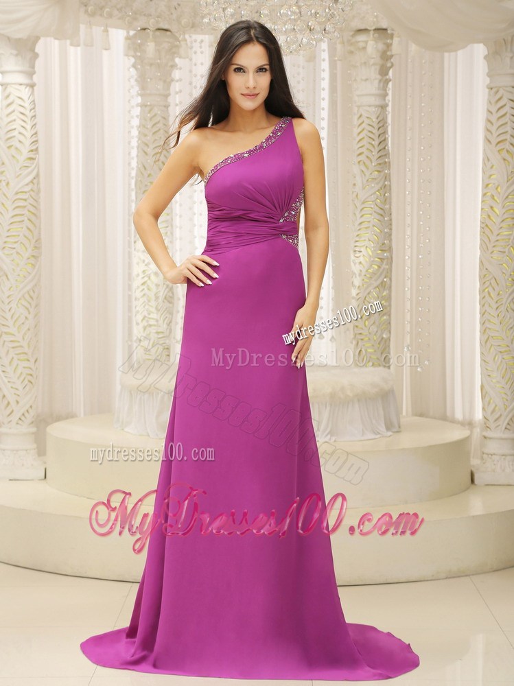 One Shoulder Beaded Decorate Waist Brush Train Fuchsia Celebrity Dress