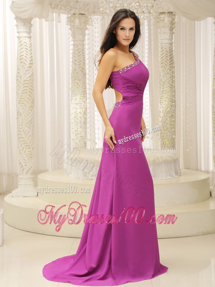 One Shoulder Beaded Decorate Waist Brush Train Fuchsia Celebrity Dress