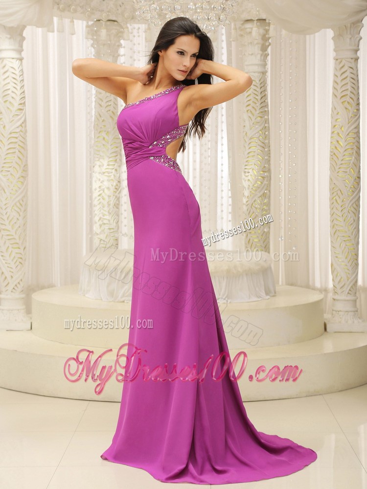 One Shoulder Beaded Decorate Waist Brush Train Fuchsia Celebrity Dress