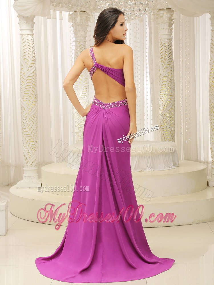 One Shoulder Beaded Decorate Waist Brush Train Fuchsia Celebrity Dress