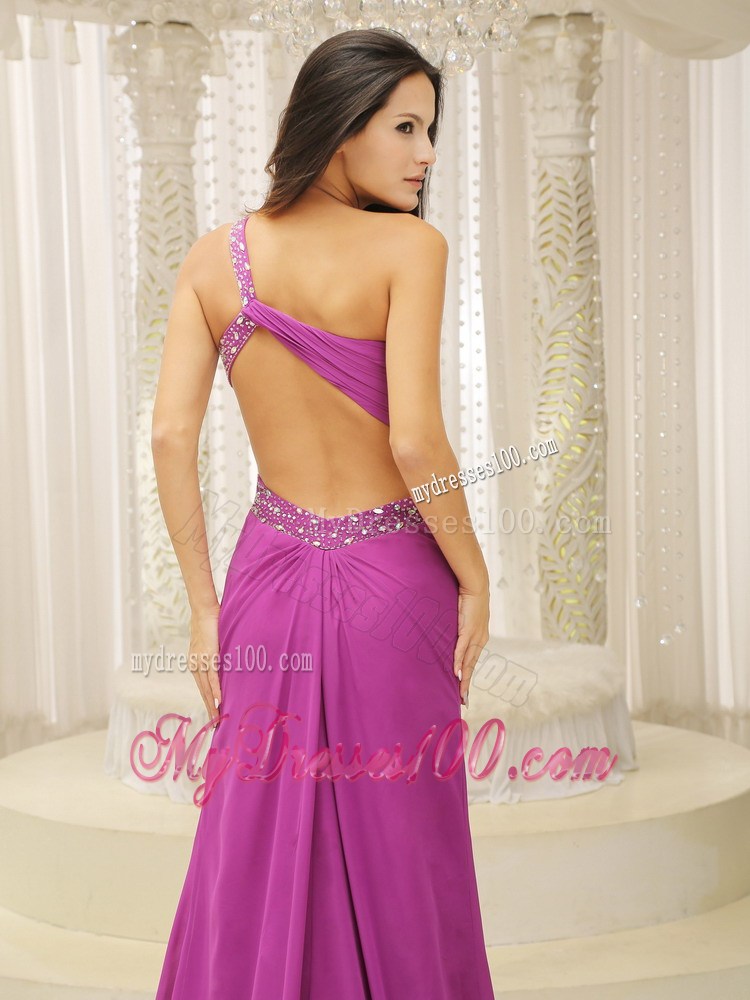 One Shoulder Beaded Decorate Waist Brush Train Fuchsia Celebrity Dress