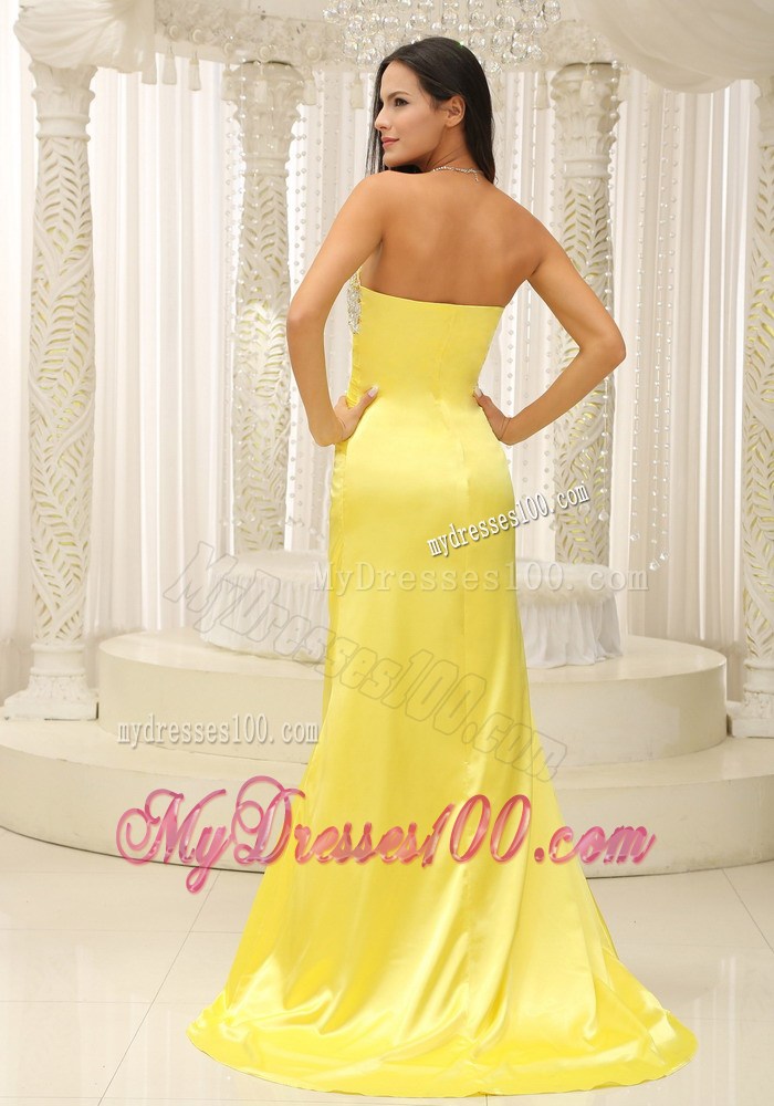 Gorgeous Yellow Strapless Ruching and Beading Prom Celebrity Dress