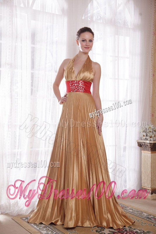 Popular Gold Empire Halter Brush Train Rhinestones Prom Celebrity Dress