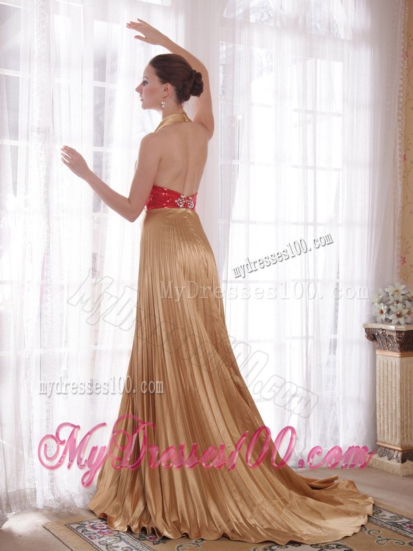 Popular Gold Empire Halter Brush Train Rhinestones Prom Celebrity Dress