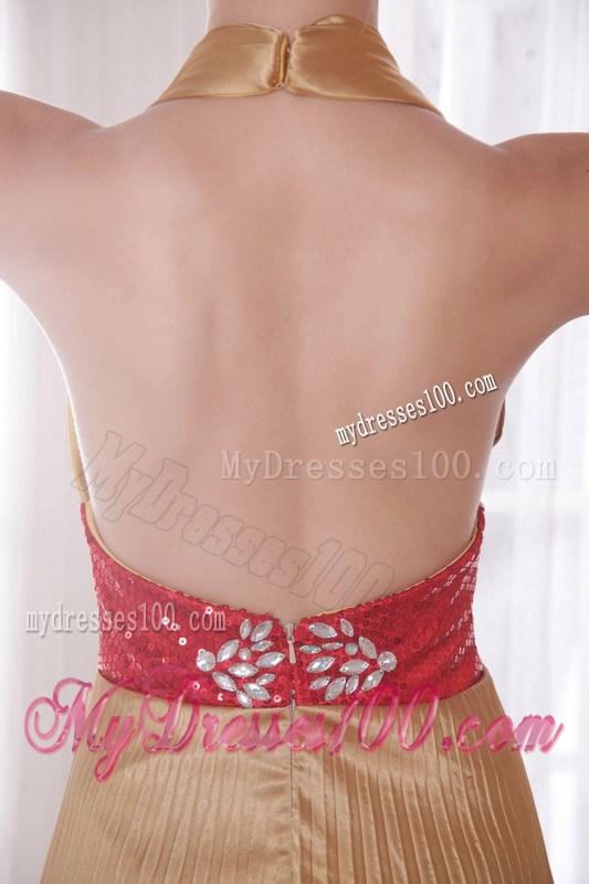 Popular Gold Empire Halter Brush Train Rhinestones Prom Celebrity Dress