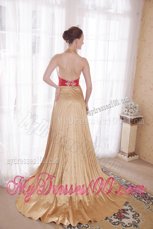 Popular Gold Empire Halter Brush Train Rhinestones Prom Celebrity Dress