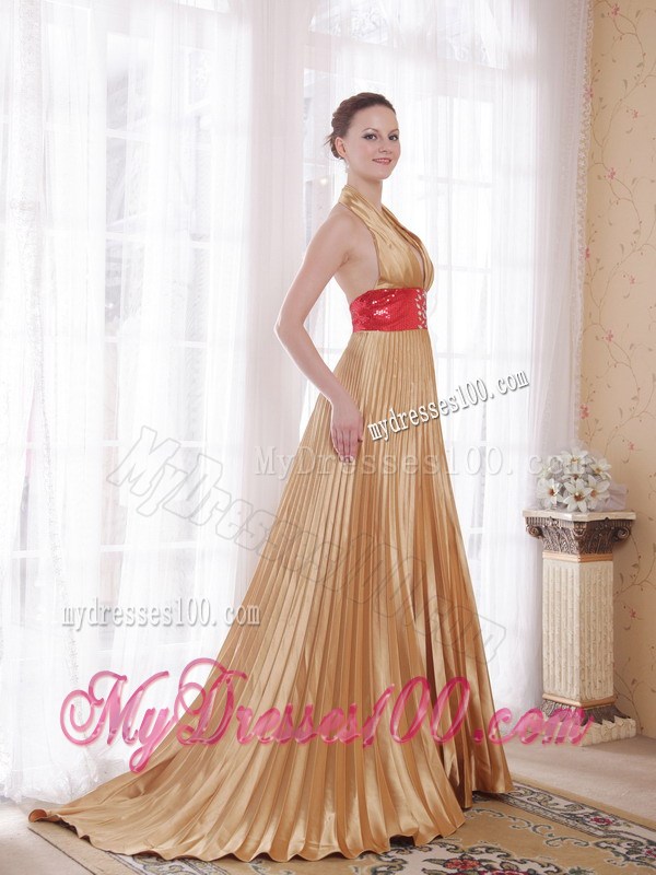 Popular Gold Empire Halter Brush Train Rhinestones Prom Celebrity Dress