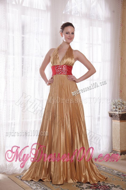 Popular Gold Empire Halter Brush Train Rhinestones Prom Celebrity Dress