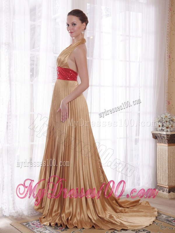 Popular Gold Empire Halter Brush Train Rhinestones Prom Celebrity Dress