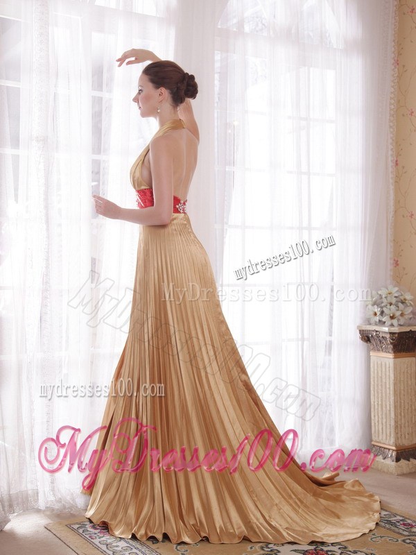 Popular Gold Empire Halter Brush Train Rhinestones Prom Celebrity Dress