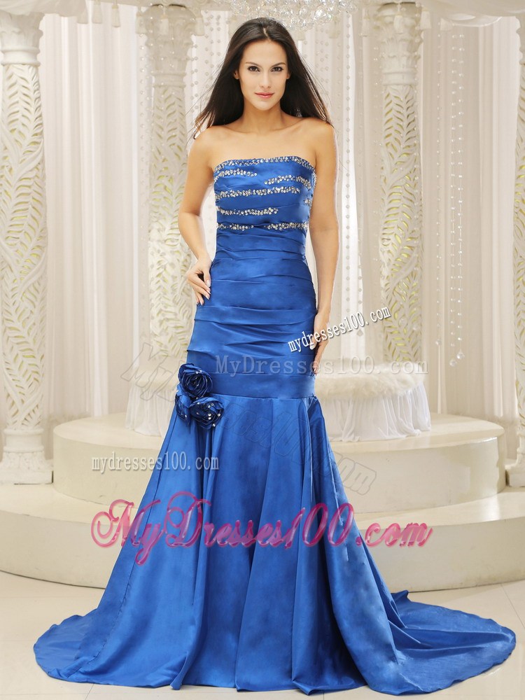 Mermaid Royal Blue and Court Train For Prom Dress Beaded Decorate Bust Hand Made Flowers