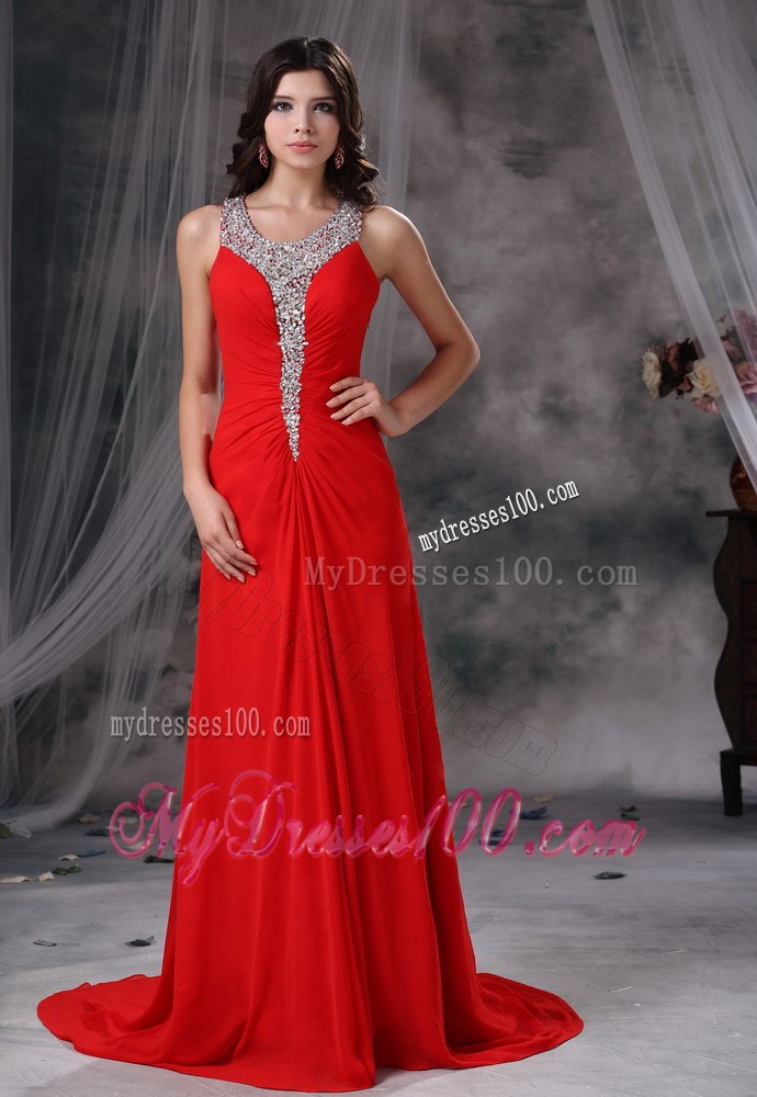 Beaded Decorate Scoop Neckline and Bust Brush Train Red Celebrity Dress