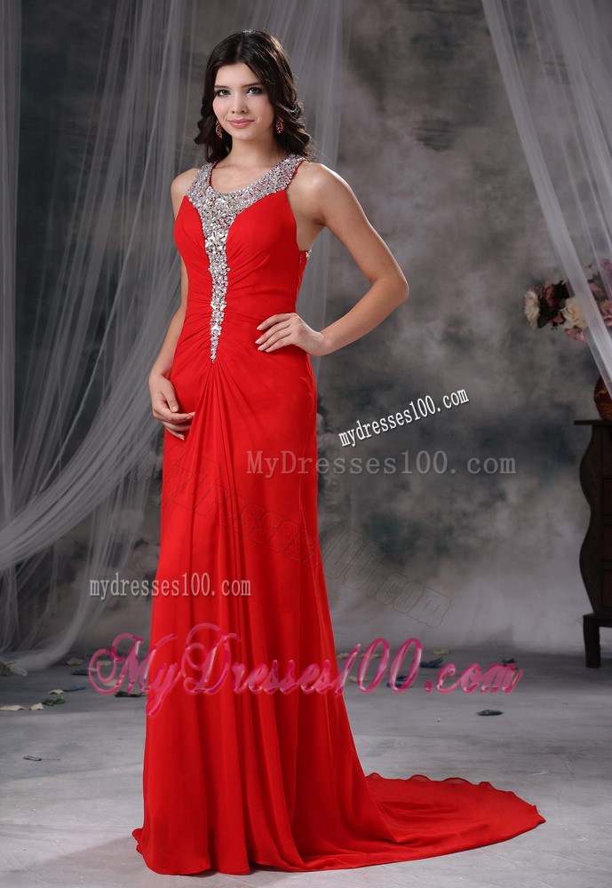 Beaded Decorate Scoop Neckline and Bust Brush Train Red Celebrity Dress