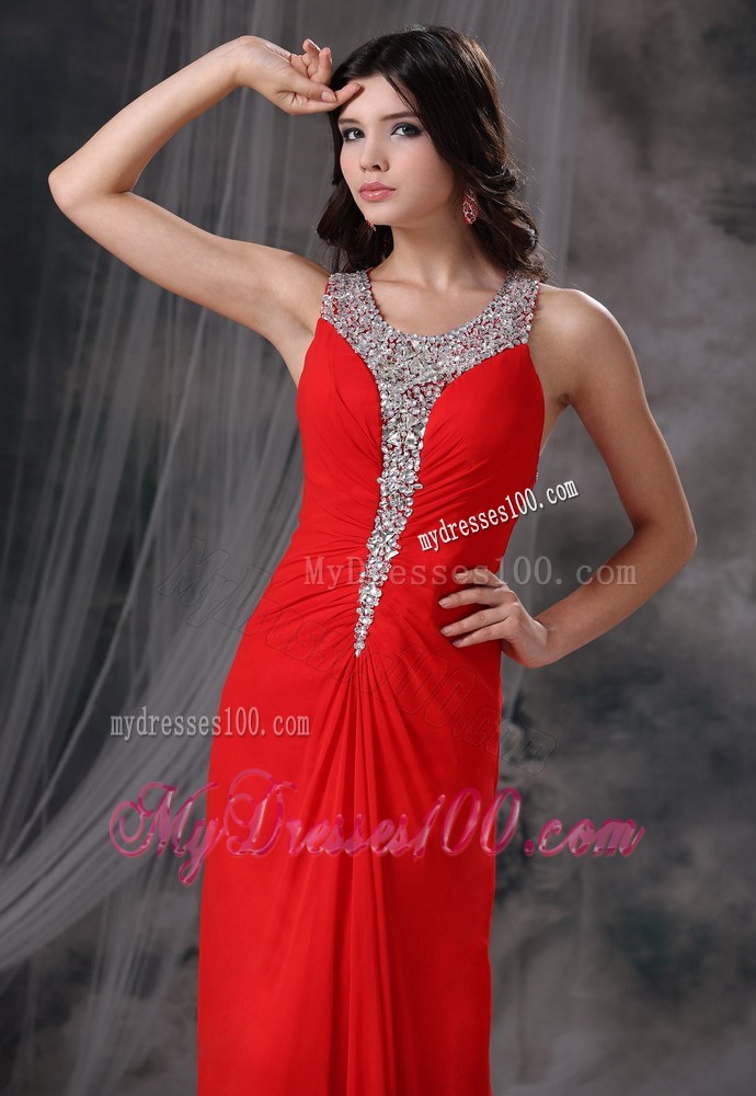 Beaded Decorate Scoop Neckline and Bust Brush Train Red Celebrity Dress