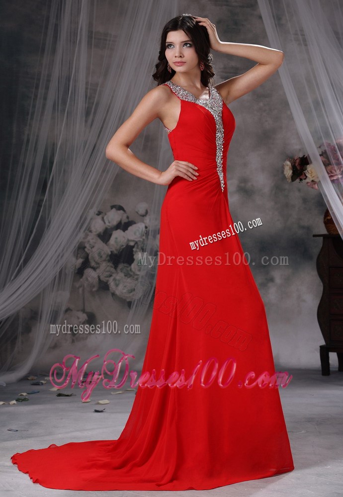 Beaded Decorate Scoop Neckline and Bust Brush Train Red Celebrity Dress