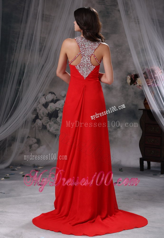 Beaded Decorate Scoop Neckline and Bust Brush Train Red Celebrity Dress