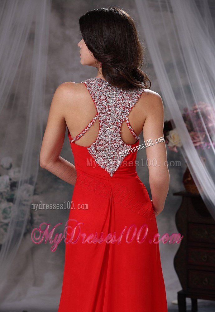 Beaded Decorate Scoop Neckline and Bust Brush Train Red Celebrity Dress