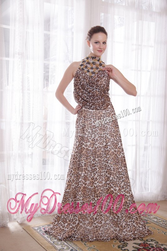 Sexy Empire High-neck Brush Train Leopard Beading Prom Dress