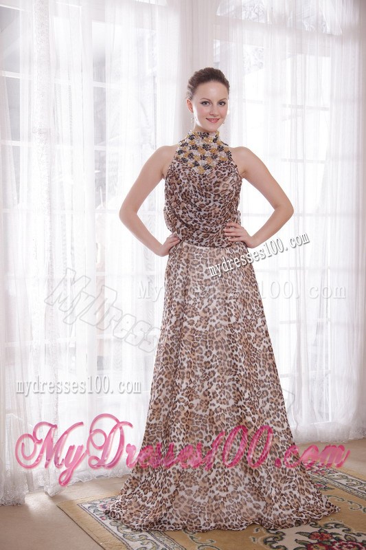 Sexy Empire High-neck Brush Train Leopard Beading Prom Dress