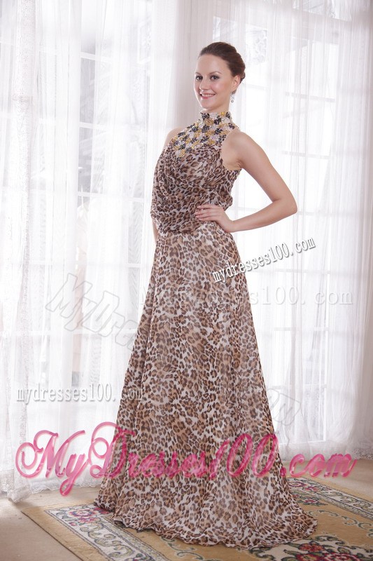 Sexy Empire High-neck Brush Train Leopard Beading Prom Dress