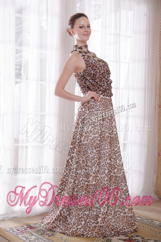 Sexy Empire High-neck Brush Train Leopard Beading Prom Dress
