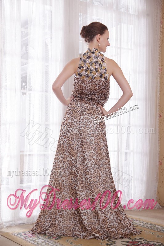 Sexy Empire High-neck Brush Train Leopard Beading Prom Dress
