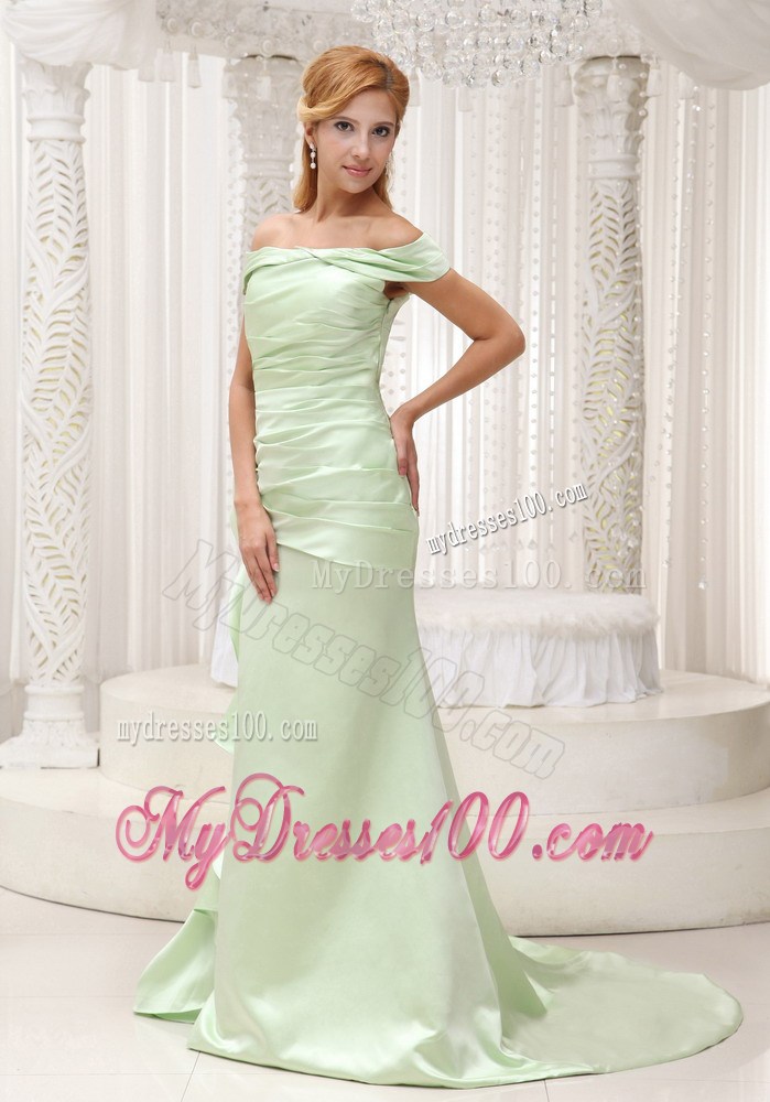 Off The Shoulder Yellow Green Brush Train Ruched Celebrity Dress 2013