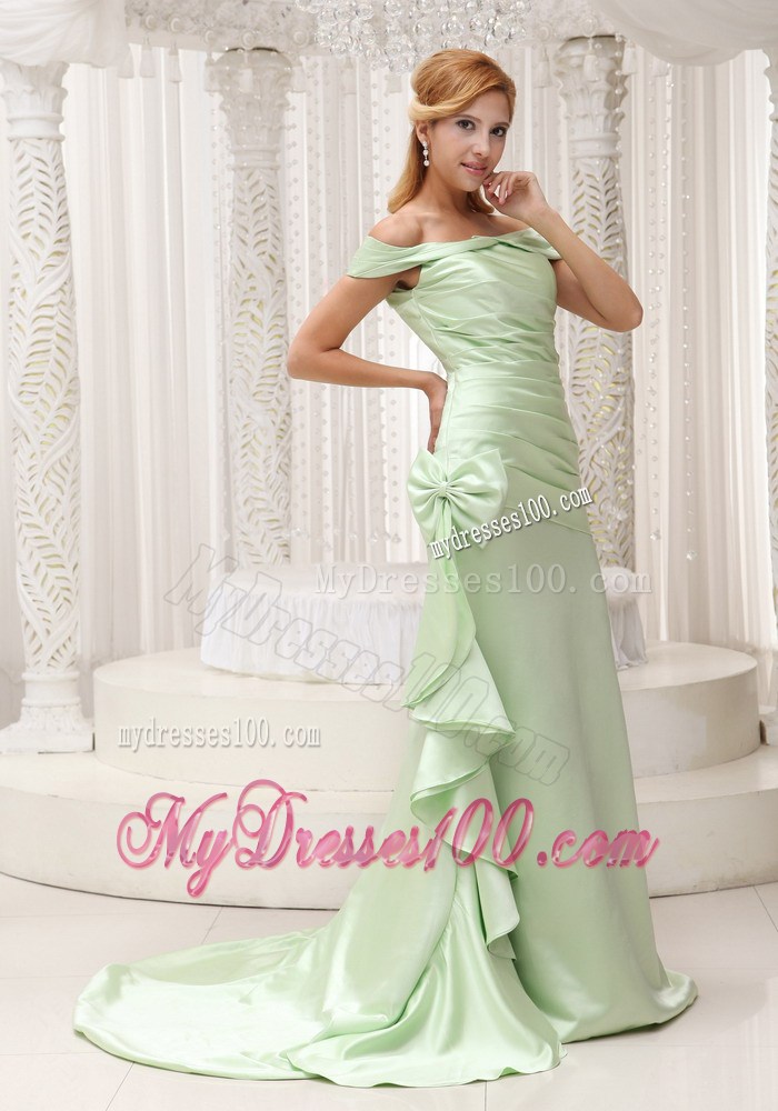 Off The Shoulder Yellow Green Brush Train Ruched Celebrity Dress 2013