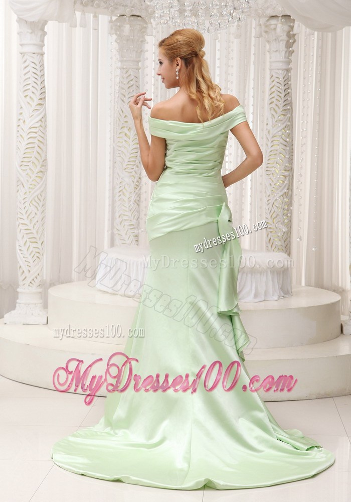 Off The Shoulder Yellow Green Brush Train Ruched Celebrity Dress 2013