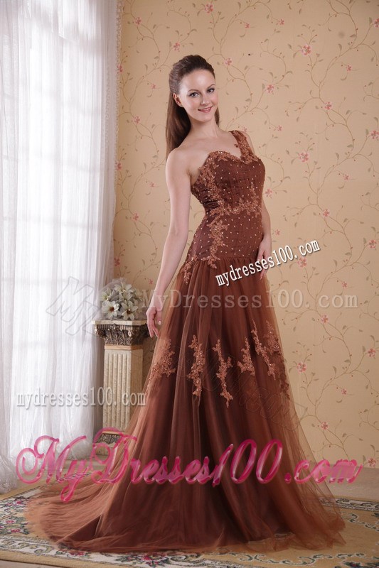 Brown One Shoulder BrushSweep Appliques Celebrity Dress 2013