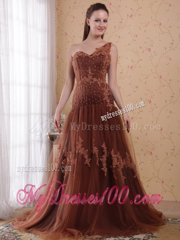 Brown One Shoulder BrushSweep Appliques Celebrity Dress 2013