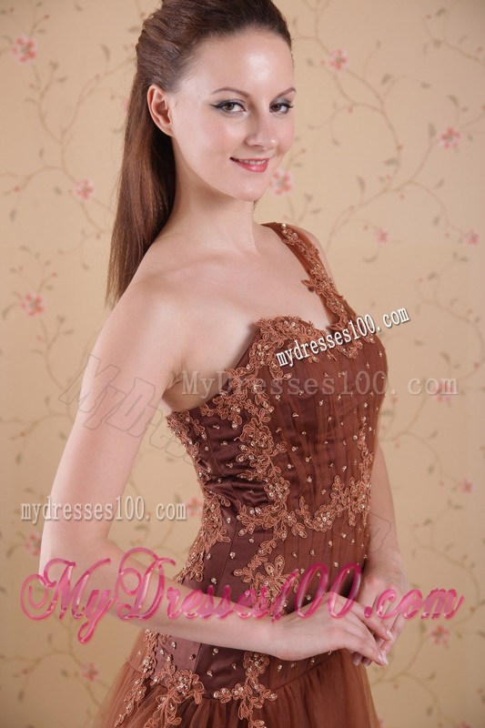 Brown One Shoulder BrushSweep Appliques Celebrity Dress 2013