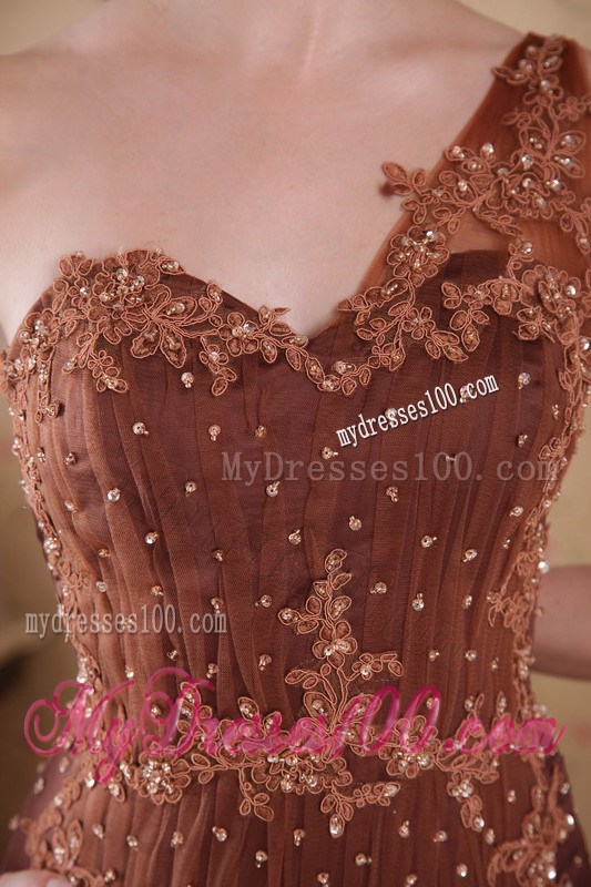 Brown One Shoulder BrushSweep Appliques Celebrity Dress 2013