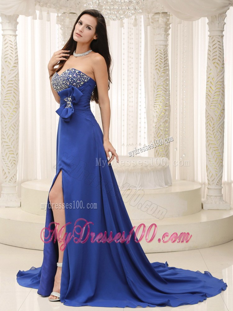 High Slit Beaded Decorate Bust Bowknot Peacock Blue For Prom Dress Customize