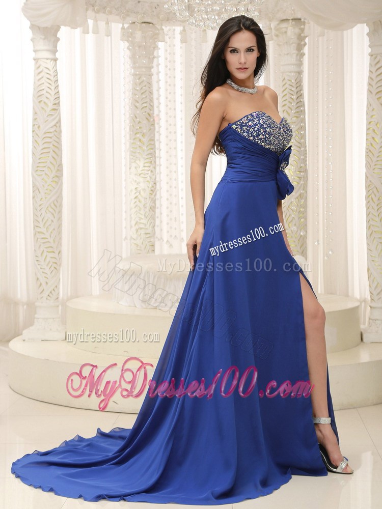 High Slit Beaded Decorate Bust Bowknot Peacock Blue For Prom Dress Customize