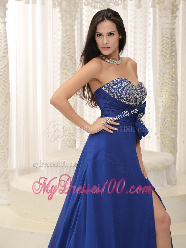 High Slit Beaded Decorate Bust Bowknot Peacock Blue For Prom Dress Customize