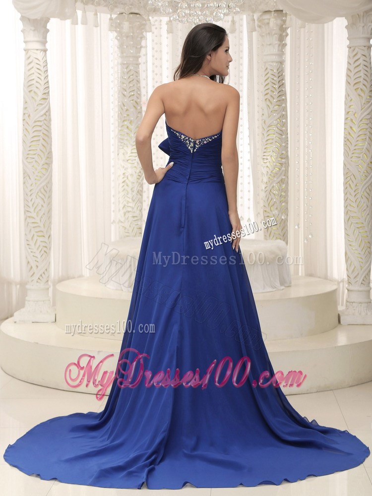 High Slit Beaded Decorate Bust Bowknot Peacock Blue For Prom Dress Customize