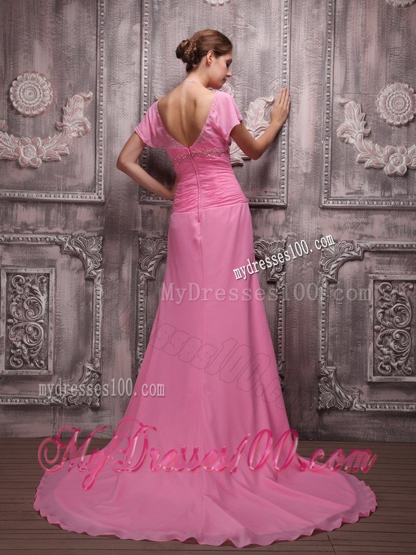 Rose Pink Empire V-neck Brush Train Beading Prom Celebrity Dress 2013