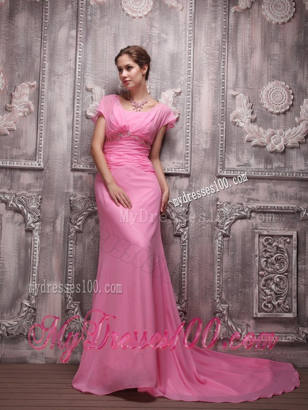 Rose Pink Empire V-neck Brush Train Beading Prom Celebrity Dress 2013
